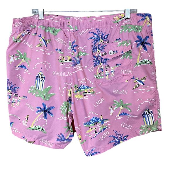 J.Crew Swim Trunk Board Shorts Pink Hawaiian Pattern Mesh Lining Pockets Mens XL - Picture 4 of 9